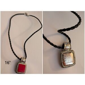 Reversible Red Enamel Square Pendant Braided Black Leather Cord Necklace 16in